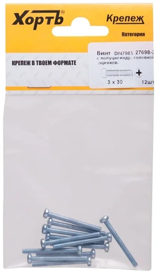 Винт с полуцилиндрич. головкой с полной резьбой оцинков. DIN 7985 3х30 12 10.(фасовка)