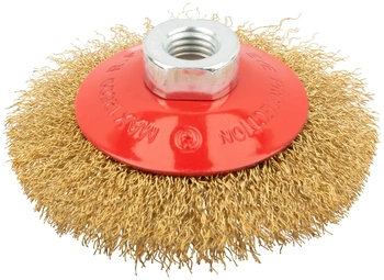 Корщетка-колесо с наклоном, гайка М14, стальная латунированная волнистая проволока 100 мм